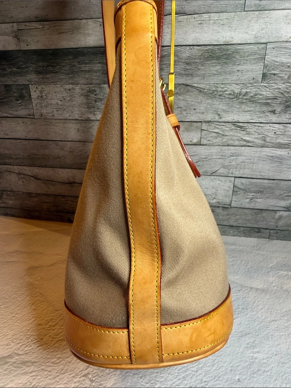 Vintage Dooney & Bourke USA Canvas Bucket Tote British Tan Leather Duck Tag